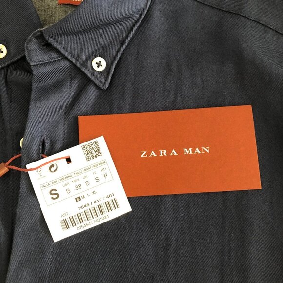 Zara Man Relaxed Fit Casual Lg Slv Button Down Cotton Oxford Shirt Navy Sz S NWT - Picture 12 of 13